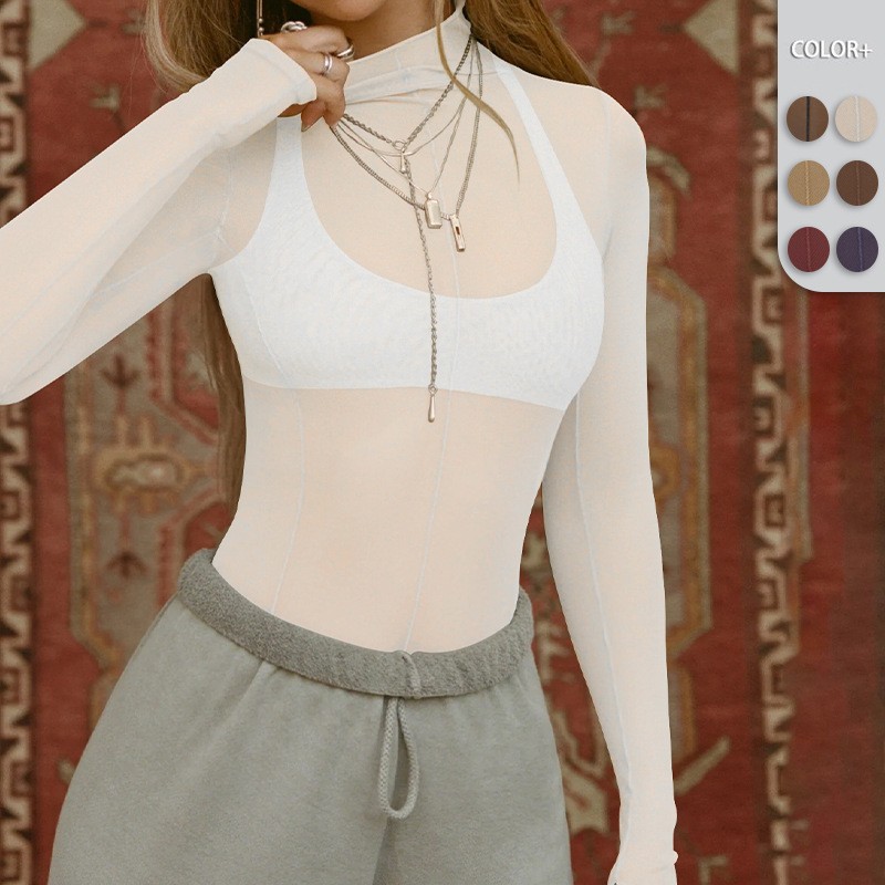 亚马逊爆款性感纯欲网纱透视长袖修身欧美半高领长袖女装上衣