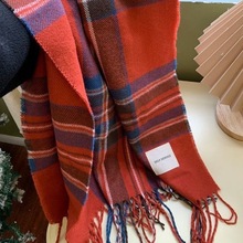 新年红色/韩国格纹仿羊绒围巾女秋冬百搭加厚保暖流苏围脖情侣学