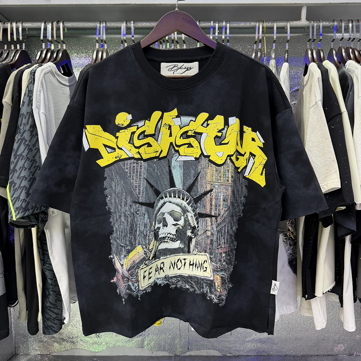 Transfronterizo nueva venta en caliente BKS camiseta de manga corta extraña esqueleto retro lavado de agua caliente perforación en caliente para hombres y mujeres de moda en stock lotes