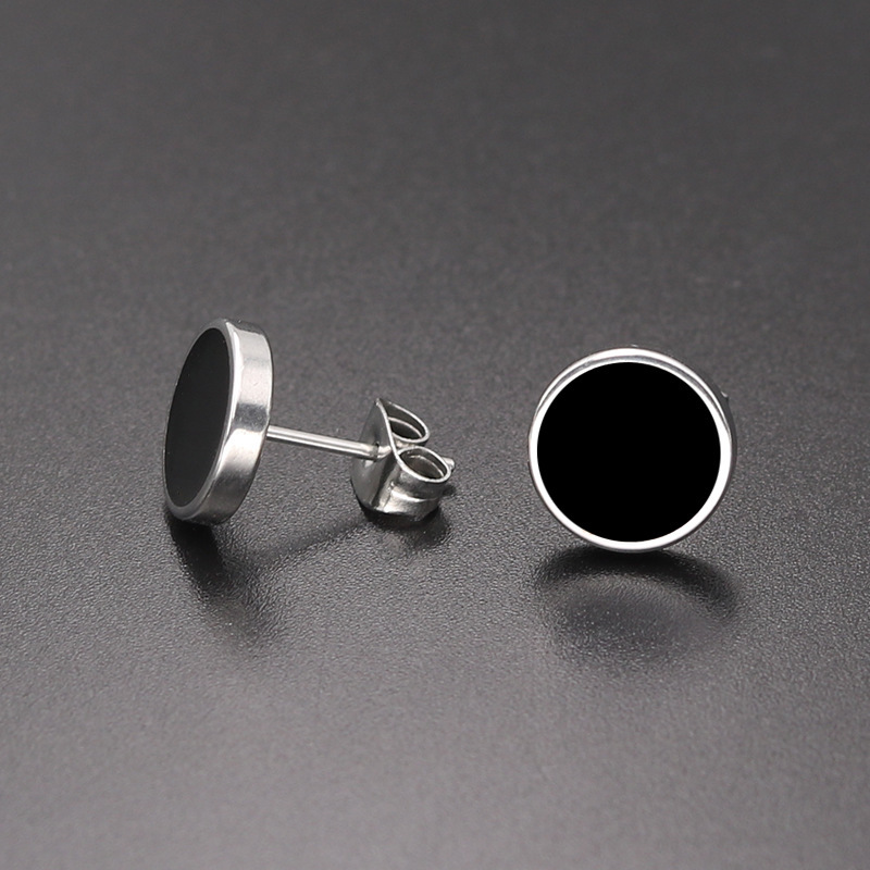 Boucles d'oreilles pour homme en acier inoxydable, ornées de clous d'oreilles ronds en résine époxy noire, style géométrique classique et tendance._voghion.com