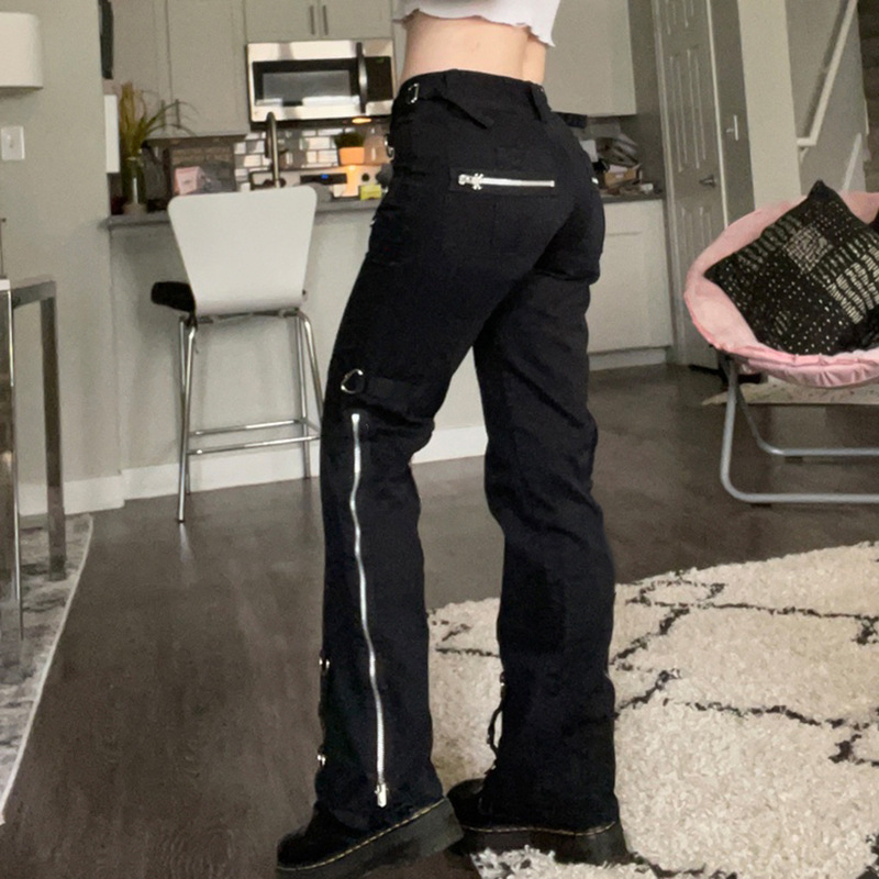 Women's Low Waist Straight Slim Jeans Trendy Cool Zip Detailing Casual Cotton Trousers For Autumn Fashion American Style_mkmklike.com
