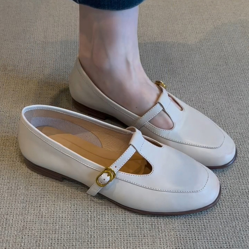 Sheepskin Versatile White Loafers Women's Mary Jane Shoes British Style Flat Slip-on Leather Buckle Shoes