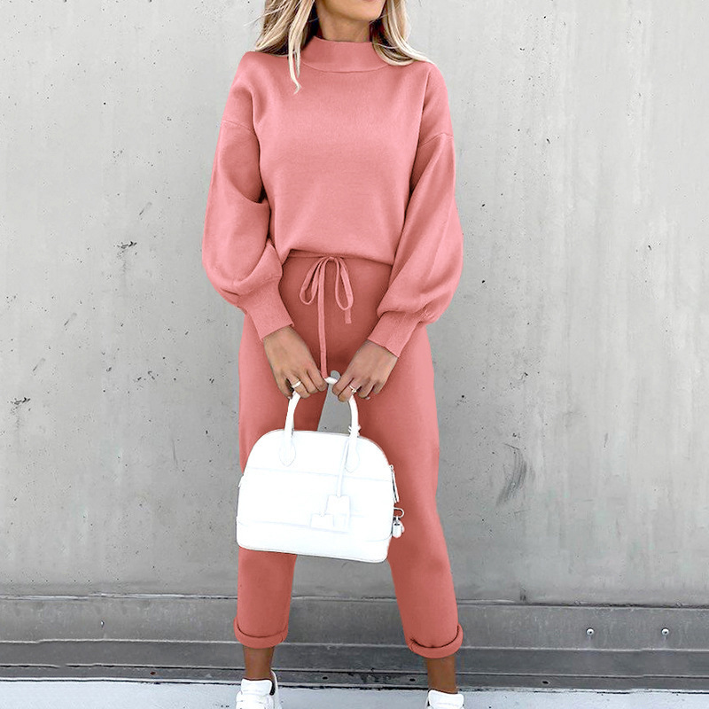 9699#2021 autumn and winter women's sweater suit Amazon AliExpress turtleneck casual solid color trousers two-piece set