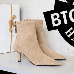 1895-1 Retro Suede Pointed Skinny Boots Thin Single Heel Middle Heel Versatile Fashion Rear Zipper Short Boots for Women