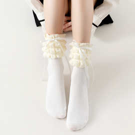 棉袜泡芙花边蝴蝶竖条纯色中长筒及膝小腿袜jk日系泡泡袜堆堆袜女