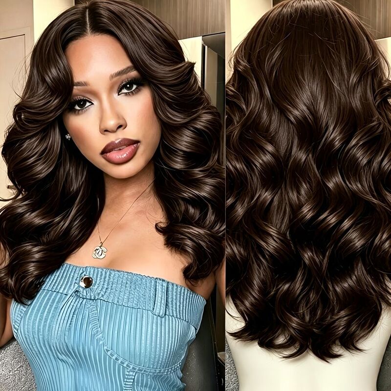 18inch Dark brown wavy wig, heat-resistant fiber material, center-parted design, easy to manage, cross-border bestseller, with label