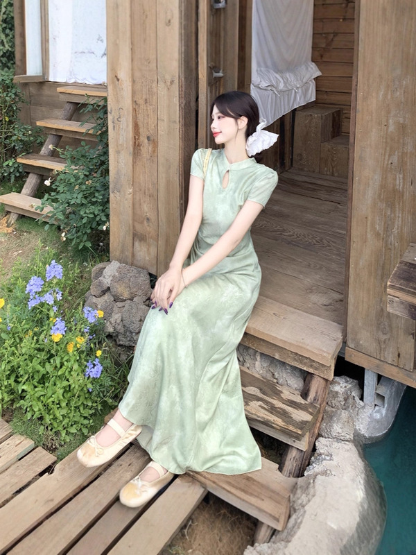 2025年大码女装夏季胖MM新中式提花改良旗袍连衣裙收腰显瘦气质长|undefined
