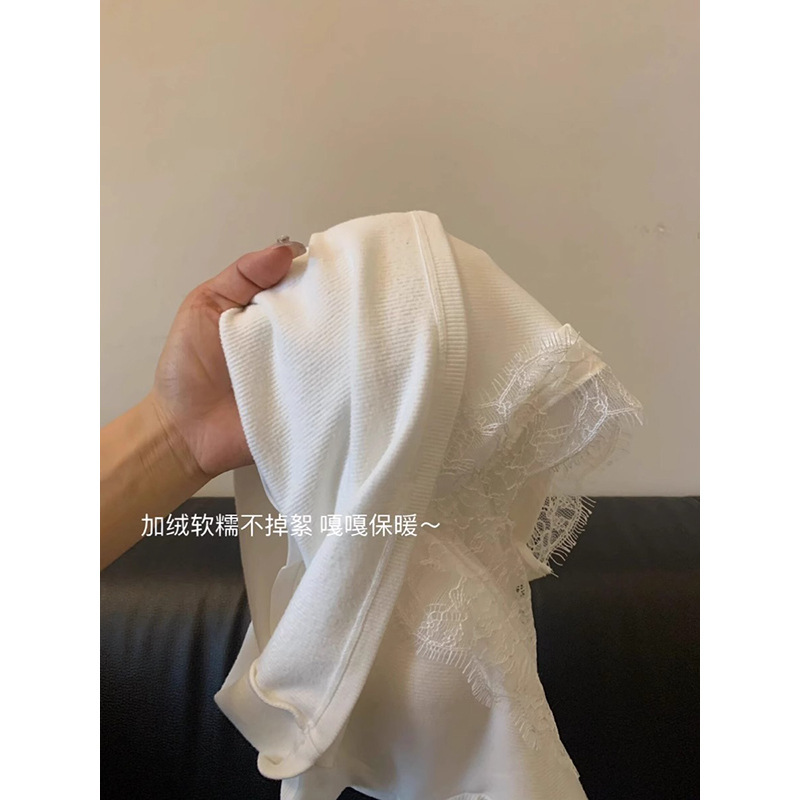 领蕾丝长袖打底衫女2025早春秋冬内搭正肩磨毛白色恤带胸垫上衣|undefined