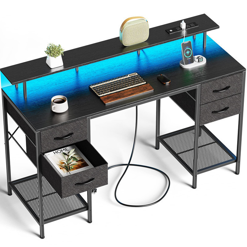 Cross-Border Manufacturer Wholesale Computer Desk Office Desk with Drawers Writing Desk with Monitor Rack Work Desk