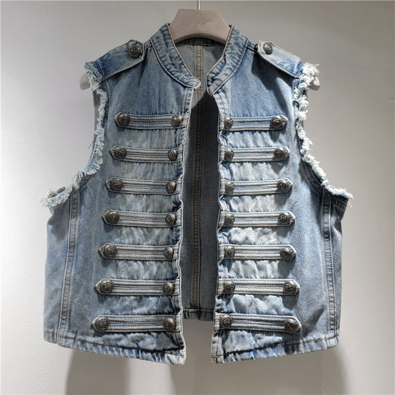 Diseño de estilo de corte estilo de moda suelto delgado de metal de construcción pesada sin mangas de collar chaqueta de mujer