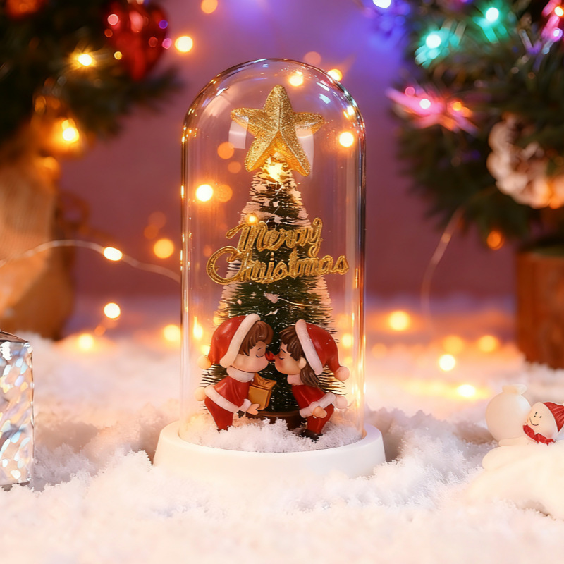創意新品クリスマスプレゼントガラスカバークリスマスツリー装飾デスクトップ小置物ledライト発光オルゴール