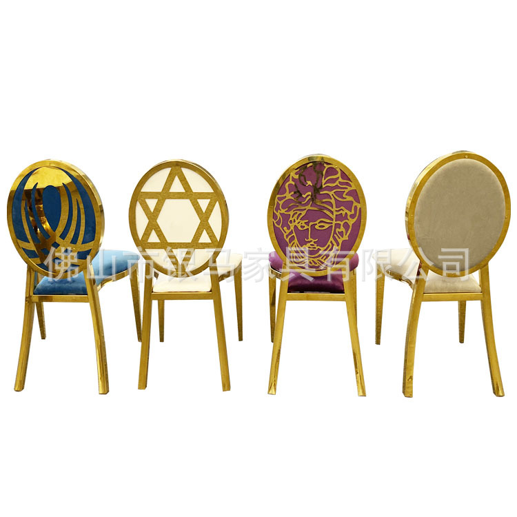Fábrica al por mayor Hotel banquete boda comedor silla boda galvanoplastia Silla de acero inoxidable Bolsa De Oro suave Silla de comedor de cuero