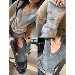 3841# YOLO SHOP 入秋刚需 灰色气质V领百搭针织毛衣修身打底衫