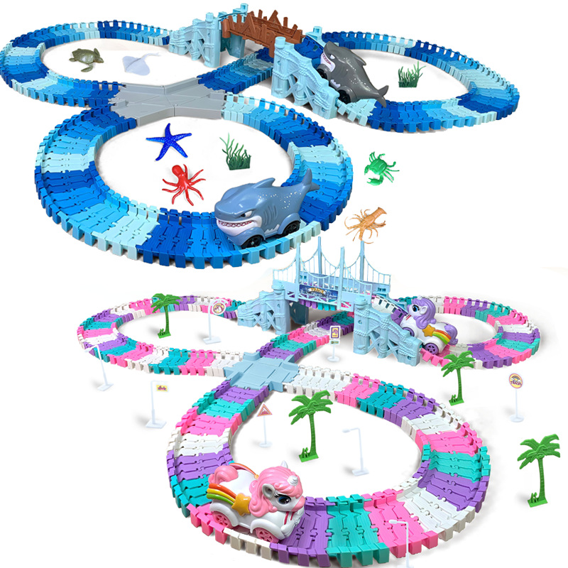 Nuevo coche de ferrocarril eléctrico para niños juguete dinosaurio tiburón unicornio coche de ferrocarril Panshan carretera pequeña pista de tren