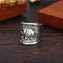 s925纯银复古做旧手工银大象宽版民族风戒指男女复古开口指环饰品