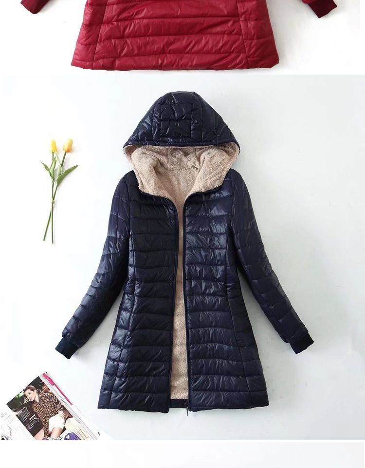 Women's Clothing autumn and winter new Korean version of the long hooded cotton coat women's lambskin warm cotton coat plus velvet jacket top_voghion.com