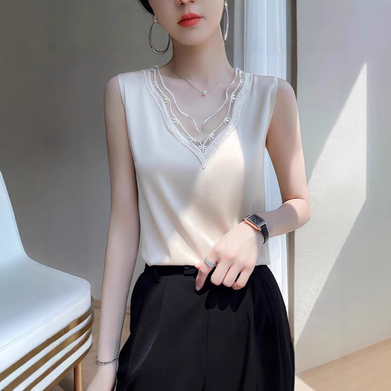 Acetate Satin Camisole Women's Summer New V-Neck Lace Vest Loose Pure Color Sleeveless T-Shirt Bottoming Top