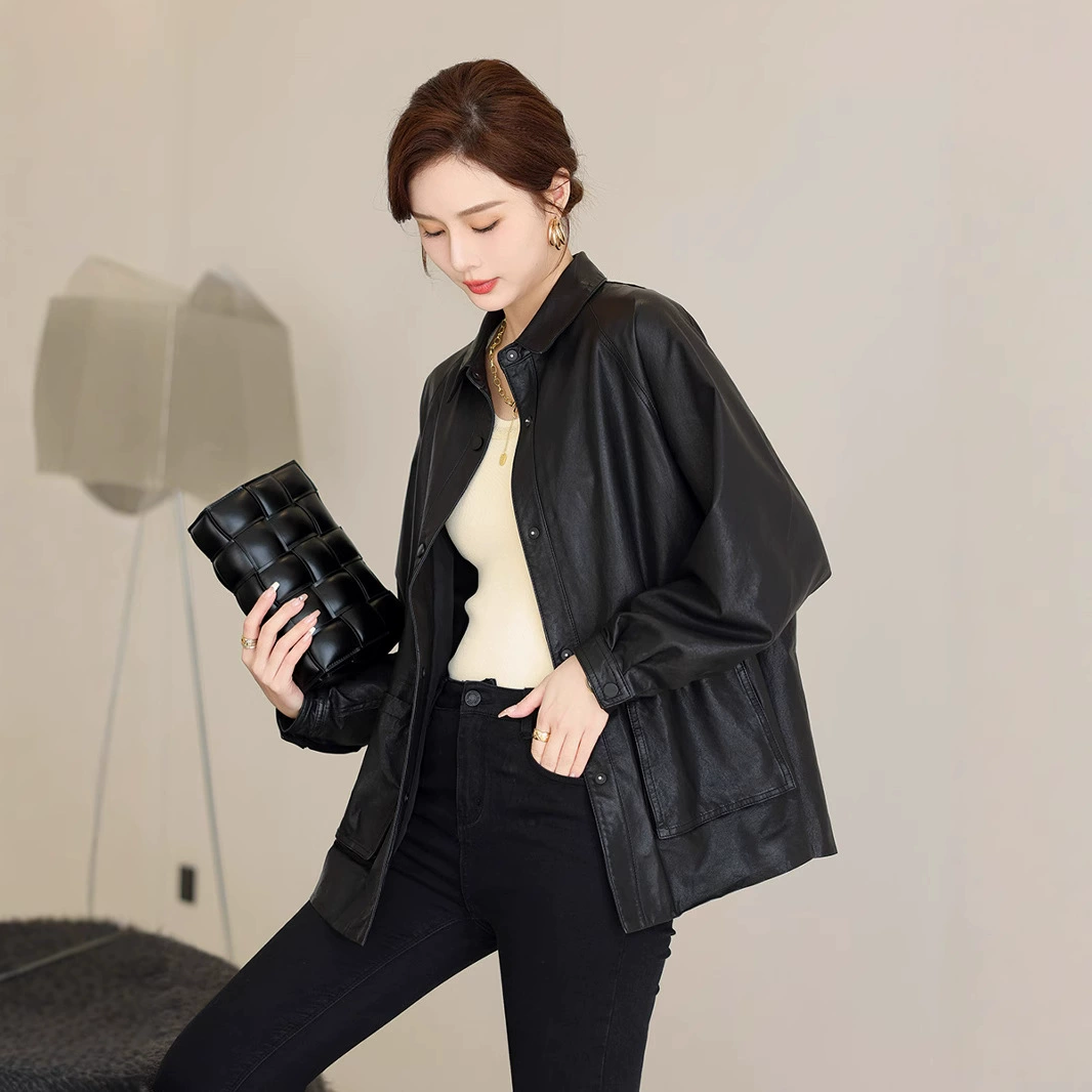 Элитная рубашка, jacket, длинный рукав, плащ-тренч, натуральная кожа, свободный крой