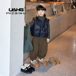 Children's Thick-Soled Snow Boots for Girls, 2025 Autumn and Winter New Style, Fleece-Lined Genuine Leather Fur Cotton Shoes, Korean Style Loafers