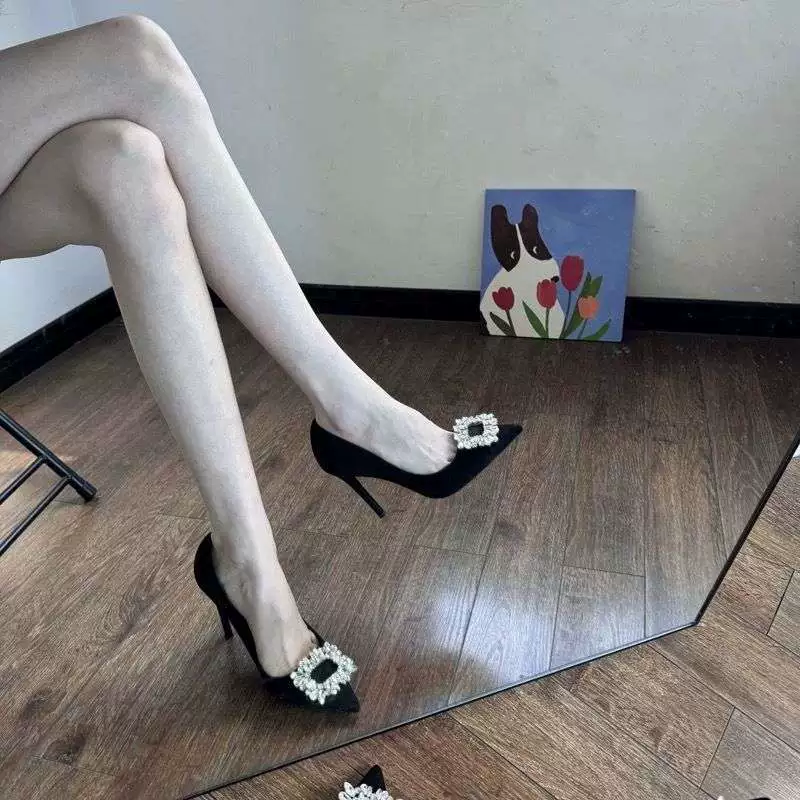 Черные туфли на высоком каблуке Pure Desire, женские туфли-стилето 2025, новые повседневные туфли для женщин, туфли с острым носком и стразами в французском стиле