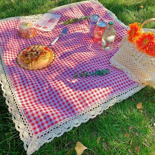 French Ins Lace Red Plaid Picnic Mat Tablecloth Spring & Fall Camping Style Grass Mat Retro Red Plaid Table Mat