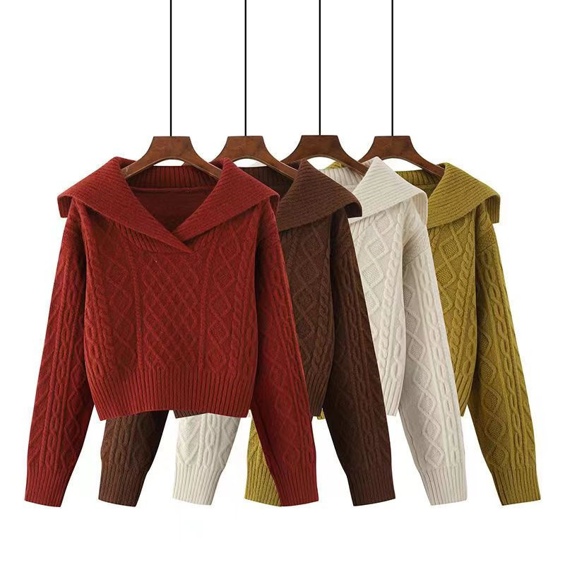 Vintage Oversized Collar Sweater for Women, Spring and Autumn, High-Waisted, Short, Petite, Soft Pullover, Long-Sleeve, Chunky Knit