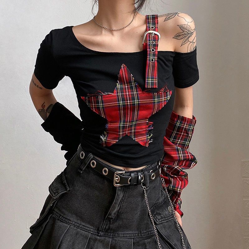 Subculture Sweet Spice Girl Retro Style Plaid Stitching Five-pointed Star off-shoulder T-shirt Women's Short Chic Top with Sleeve