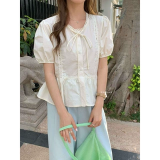 公羽翁夏季新款韩系甜美娃娃衫拼接镂空花边休闲系带衬衫女