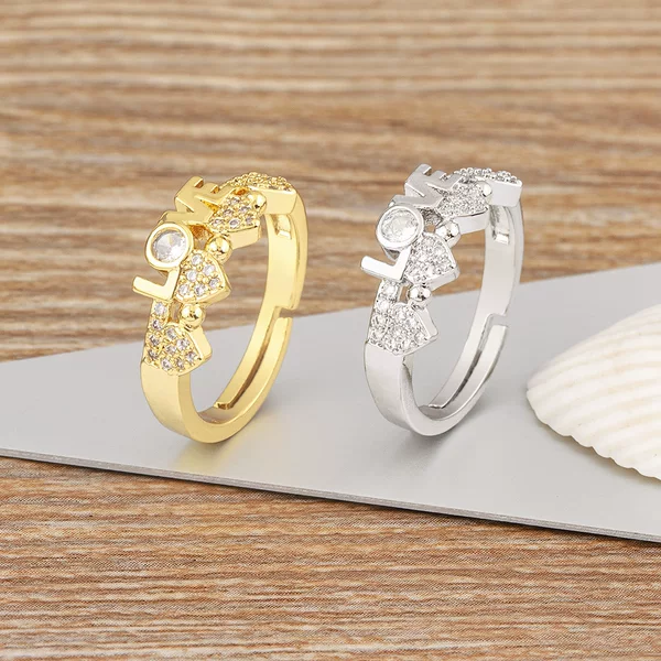 Copper-Plated 18K Real Gold Letter Love Ring Open Silver Micro-Paved Zircon Simple Tail Ring Heart Accessories