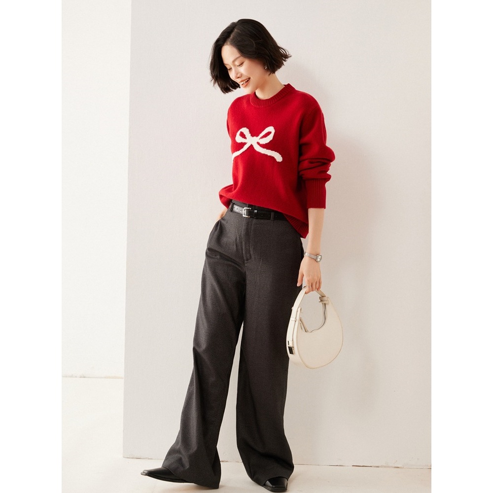 秋冬新款纯羊毛女士圆领七针厚款蝴蝶结提花羊毛衫新年红宽松毛衣