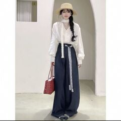 春季套装时尚新款一整套蕾丝气质花边上衣衬衫阔腿裤裤子两件套