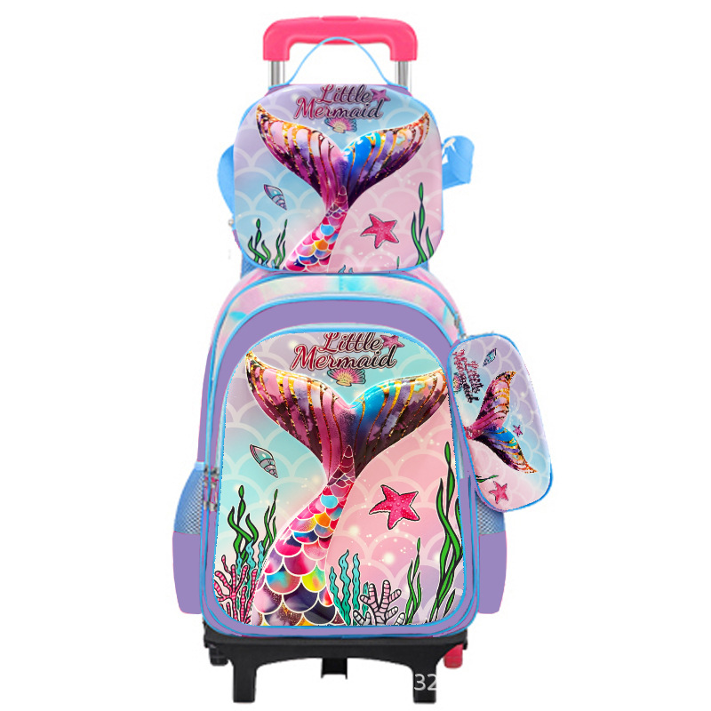 Suministro directo de fábrica, mochila escolar con barra de ruedas para niños, juego de tres piezas, protección de la columna para estudiantes de primaria, reducción de carga, mochila universal de dos ruedas y seis ruedas