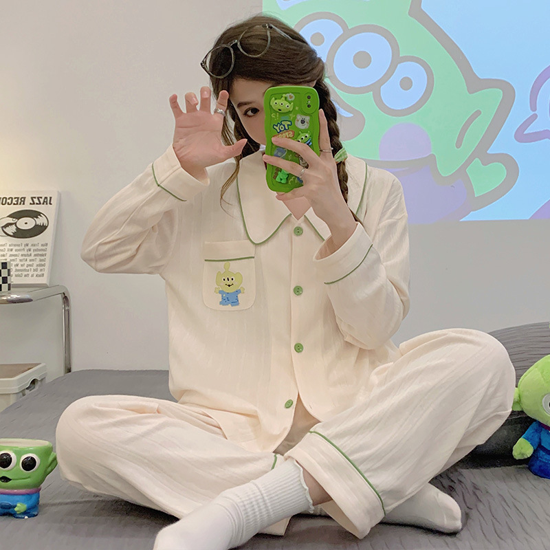 Plus tamaño pijamas casuales mujeres de algodón peinado jacquard Otoño e Invierno de manga larga cardigan lindo dulce niña traje de desgaste del hogar