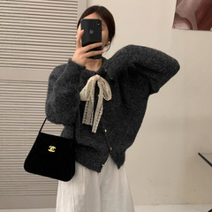 韩系蕾丝系带开衫甜美秋冬季新款宽松圆领爱心扣针织毛衣外套女厚