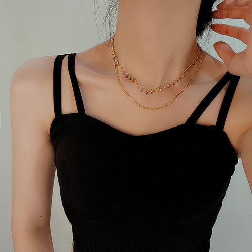 Colorful enamel craft necklace for women, double-layer titanium steel, unique design, niche clavicle chain, new trendy jewelry