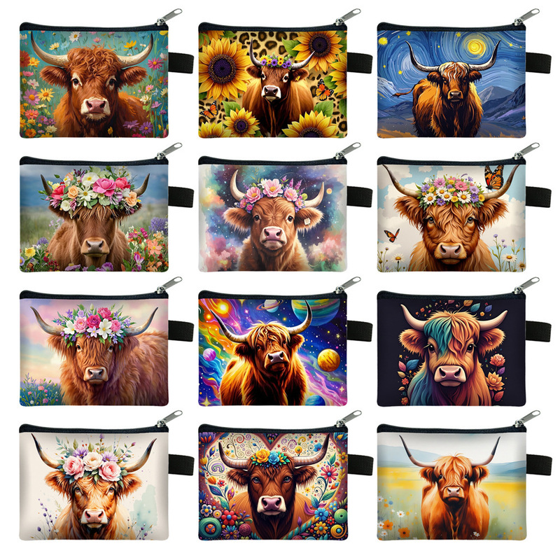 2025 Sunflower Highland Cow Small Coin Purse Children's Cute Printed Coin Key Storage Bag ID Bag