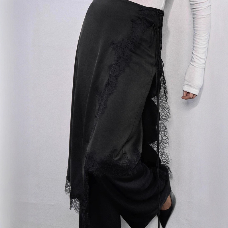 European and American Autumn Clothing with Dark Zippers and Bow Closures on the Side Seams, Lace Asymmetrical Mid-Waist Satin Skirt