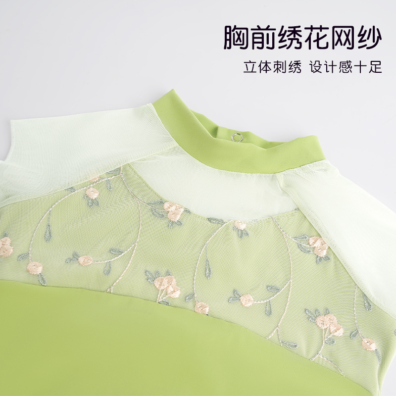 Ropa de baile para niños, ropa de entrenamiento de baile de nailon para niñas, ropa de rendimiento de cuello alto de temperamento bordado de manga corta de verano
