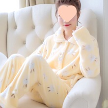 秋冬加厚加绒女士法兰绒睡衣长袖双面绒妈妈装加大码珊瑚绒套装
