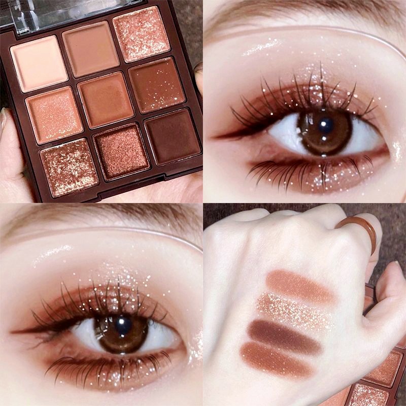 【Supports Encrypted Text】Earth-Toned Eyeshadow Palette with Nine Matte and Fine Shimmer Shades for Contouring, Affordable Beginner Makeup with Super Sparkle