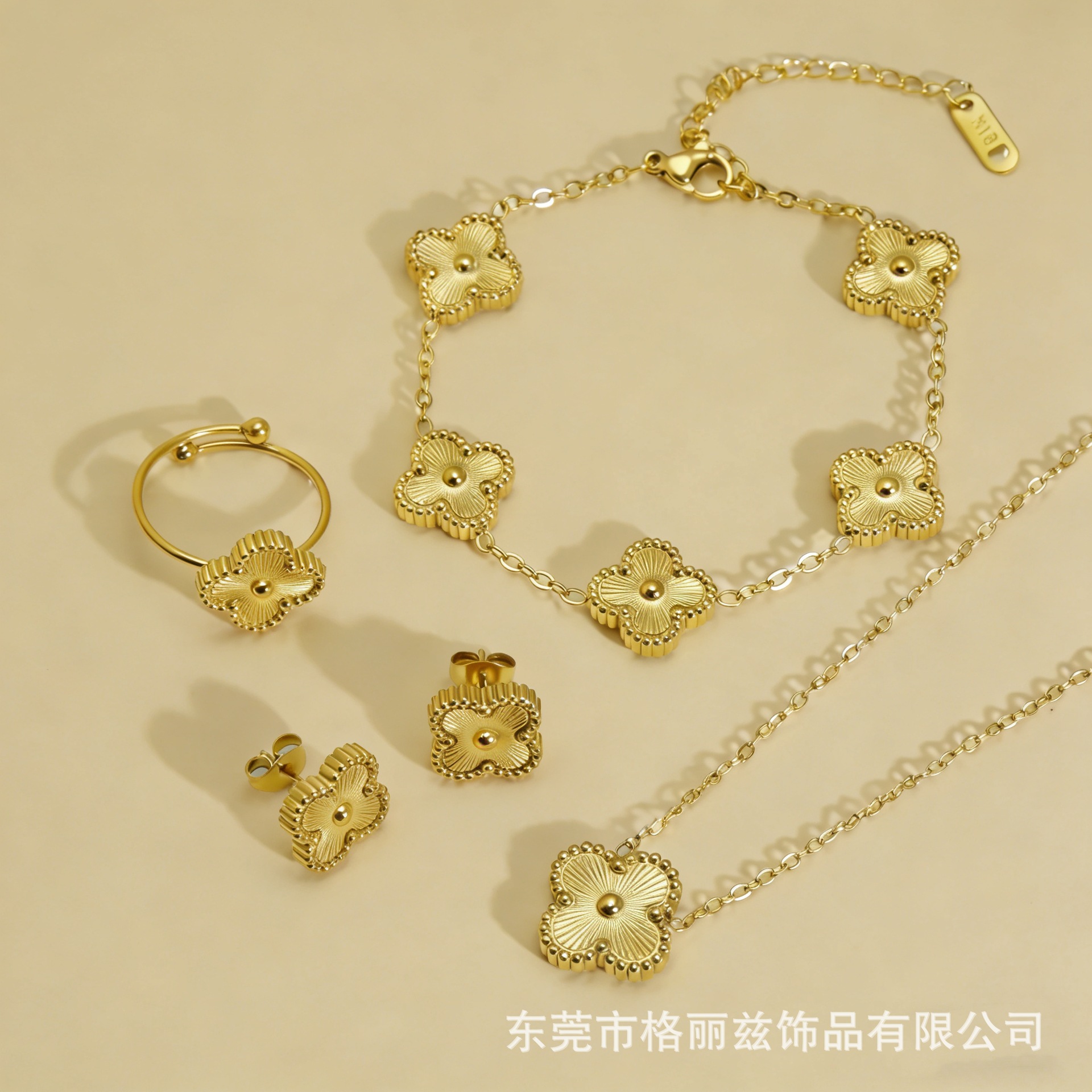 Cross-Border Hot-Selling 18K Gold-Plated Stainless Steel Four-Leaf Clover Necklace, Bracelet, and Earring Jewelry Set, Factory Direct Wholesale