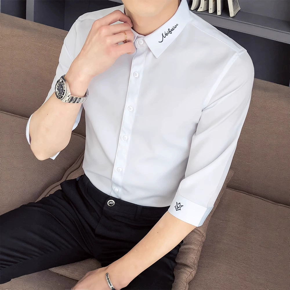 Модная мужская рубашка с короткими рукавами, повседневная белая рубашка с рукавом три четверти, летняя рубашка из ледяного шелка со средним рукавом