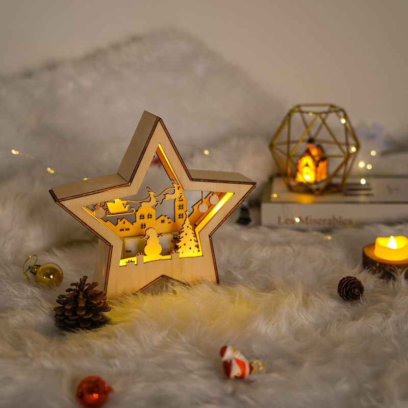 クロスボーダークリスマスデコレーションオーナメント木製星型オーナメント木製ライト付きクリスマスツリー星型オーナメントライト付き|undefined