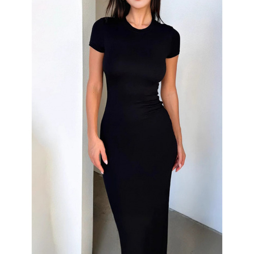 Cross-border Amazon European and American women's clothing 2025 spring and summer foreign trade solid color package hip temperament slim short sleeve fashion dress