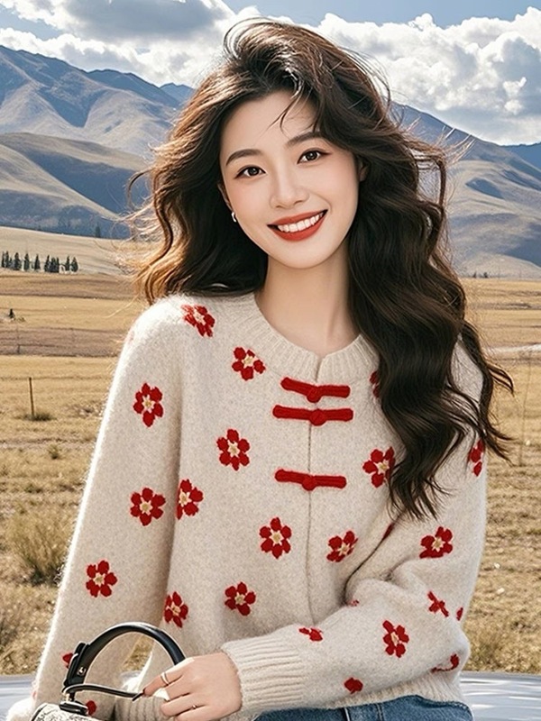新中式国风红色花朵毛衣内搭女冬季重工打底衫慵懒高级感针织上衣|undefined