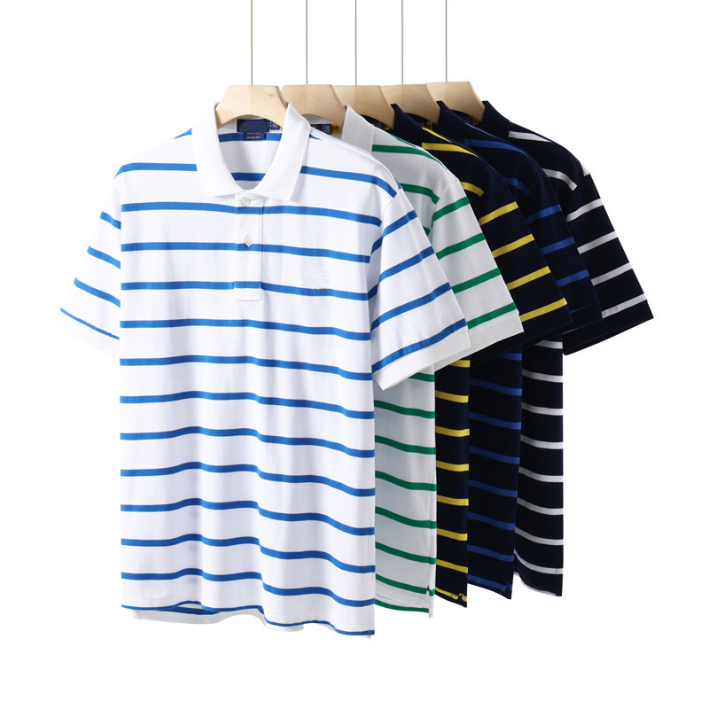Summer Men's Cotton Stripesd Short-Sleeved Polo Shirt Men's American Pony Logo Embroidered T-Shirt Cross-Border Men's Tops