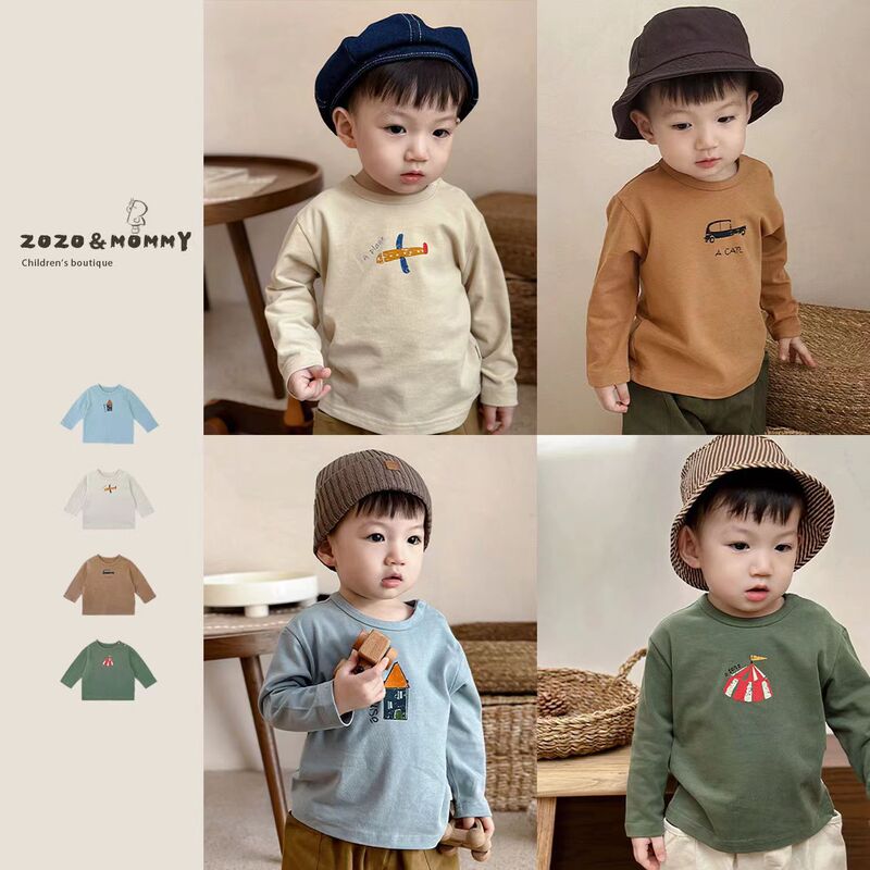 100% Pure Cotton Children's Cartoon Base Layer New Style Boys and Girls Trendy Printed Toddler Fun Long-Sleeve T-Shirt Casual