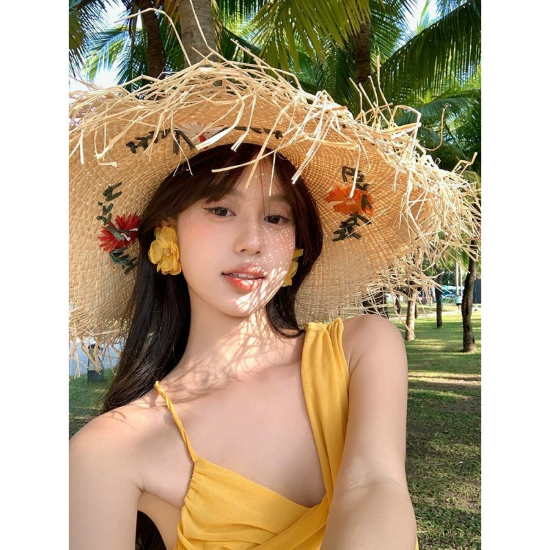 Яркая праздничная шляпа с цветочной вышивкой из рафии, с широкими полями, пляжная шляпа для отдыха на море, защита от солнца