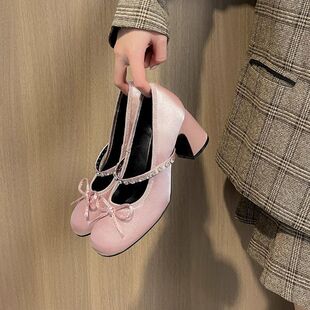 Round Toe Bow Design Rhinestone One-Strap High-Heeled Mary Jane Shoes Spring and Autumn New French Fairy Style Shoes