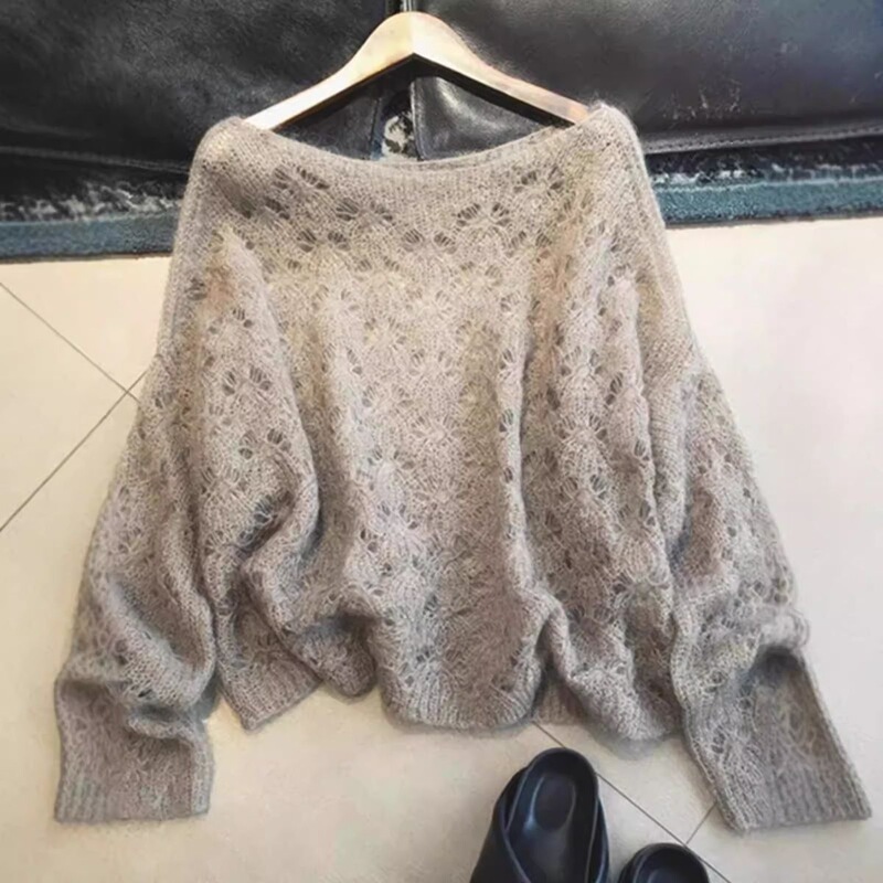 Elegant Hollow-Out Gray Sweater for Women, Spring 2026, Thin Soft and Cozy Lazy Mohair Pullover, Age-Reducing and Versatile